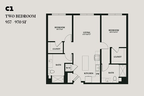 Floor plan for 2 beds, 2 baths, 970 sqft